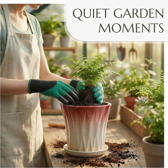 8.3 Inch Ceramic pots for Plants with Saucer Drainage Leak-Proof Mesh, Round Plant Pot with Gardening Gloves for Indoor Outdoor Plants (Rippled Pink)