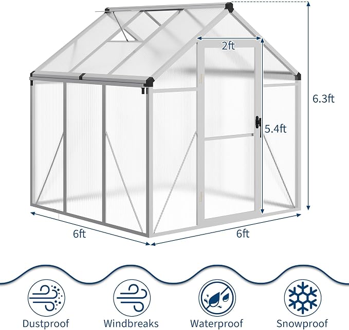 6x6 FT Outdoor Greenhouses, Accessible Greenhouses with Roof Vents and Sliding Doors, Aluminum Frame Polycarbonate Material, Large Greenhouse for Outdoor Gardens and Backyards