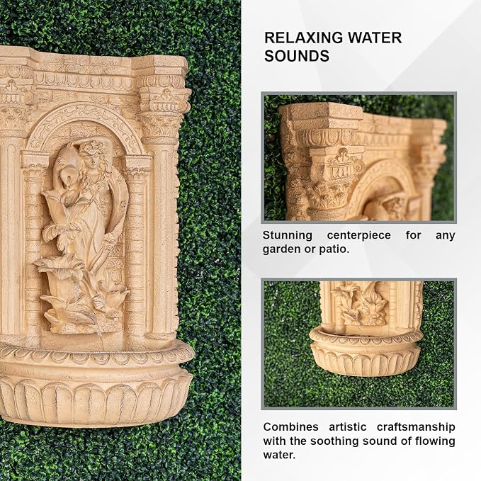 XBrand 30.3" Solar Pot Fountain, Tall Brown Maiden Holding Pot Wall Fountain, Outdoor Water Fountain, Polyresin
