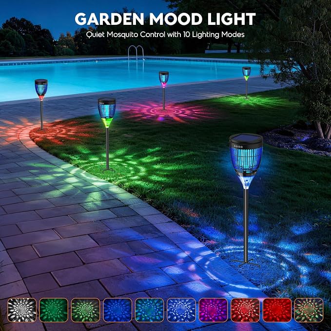 Solar Bug Zapper Outdoor, Mosquito Zapper with Flame Light, RGB Projector | 4200V Electric Grid, Solar & USB Charging, Smart Auto Mode, IP65 Waterproof Mosquito Zapper for Patios Gardens Camping Yards