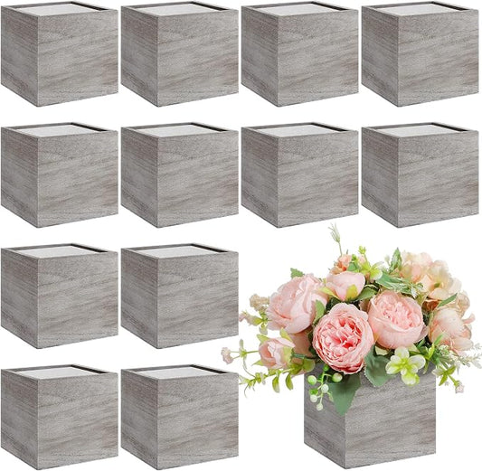 Suzile 12 Set 4 Inch Wooden Planter Box Flower Square Vases for Centerpiece Rustic Cube Planter Box with Removable Foam Blocks Liner Square Vase Craft for Garden Home(Light Brown)