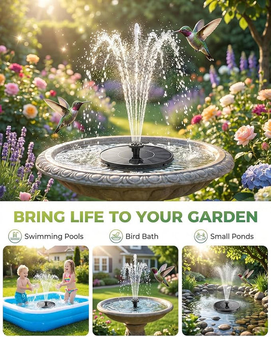 Solar Fountain for Bird Bath, 2026 Upgrade 1.4W Solar Water Fountain Pump with 7 Nozzles, 4 Fixed Pipes, Outdoor Standing Floating Solar Fountain for Garden, Ponds, Pool, Fish Tank, 6.3 Inch