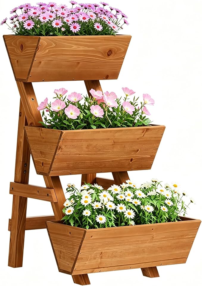 3-Tier Vertical Wooden Raised Garden Bed, Freestanding Garden Planter Box, Wood Flower Rack, Planter Box for Herbs, Vegetables, Outdoor Indoor Use, Small-Brown