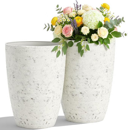 Autodaya 19.5" Resin Tall Planters for Outdoor Plants, Set of 2 Flower Pots | Country White Large Outdoor Planters With Birch Bark Texture, Heavy-Duty, Weather-Resistant For Year Round Indoor Outdoor Use