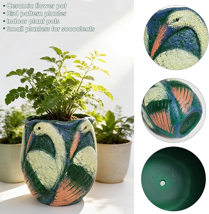 6.5 inch Green Ceramic Flower Pot with Bird Patterns,Indoor Outdoor Planter for Succulents Plants, Modern Home Garden Decor