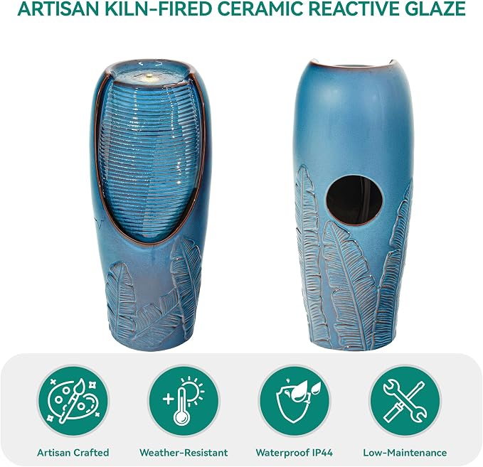 32" H Outdoor Garden Fountain with LED Lights, Modern Ceramic Jar Water Fountain, 3D Tropical Leaf Pattern, Teal Blue Glaze, Soothing Cascading Waterfall for Relaxing Patio, Yard, Porch