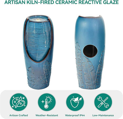 32" H Outdoor Garden Fountain with LED Lights, Modern Ceramic Jar Water Fountain, 3D Tropical Leaf Pattern, Teal Blue Glaze, Soothing Cascading Waterfall for Relaxing Patio, Yard, Porch