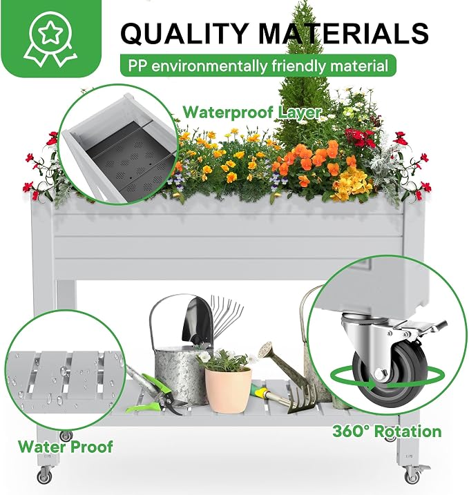PatioZen Raised Garden Bed, 33.66" Tall Self-Watering Resin Planter Box with Legs & Lockable Wheels Drainage Plug and Gauge for Flowers, Vegetables, Storage Shelf for Tools and Accessories Ashen