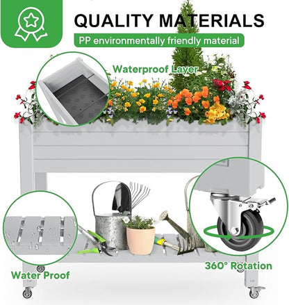 PatioZen Raised Garden Bed, 33.66" Tall Self-Watering Resin Planter Box with Legs & Lockable Wheels Drainage Plug and Gauge for Flowers, Vegetables, Storage Shelf for Tools and Accessories Ashen
