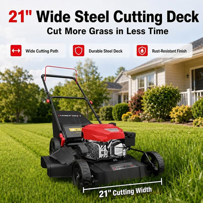 AMERISUN Gas Lawn Mower 21 in, 144cc 4-Stroke Walk-Behind Push Mower, 3-in-1 Mulch Bag Side Discharge System, 6 Adjustable Cutting Heights, Heavy Steel Deck for Yard & Garden Care