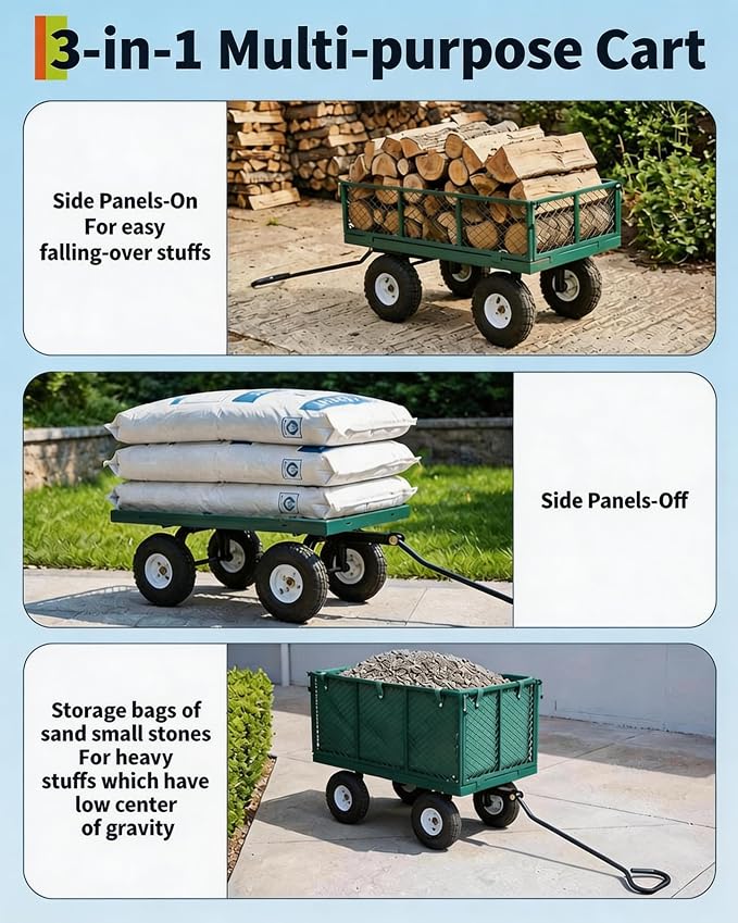 GarveeTech 800LBS Heavy Duty Steel Garden Cart, Garden Wagon Cart on Wheels, Metal Yard Utility Wagon with Removable Mesh Sides, 10" All Terrain Tires, 180° Rotating Handle for Lawn, Garden, Farm