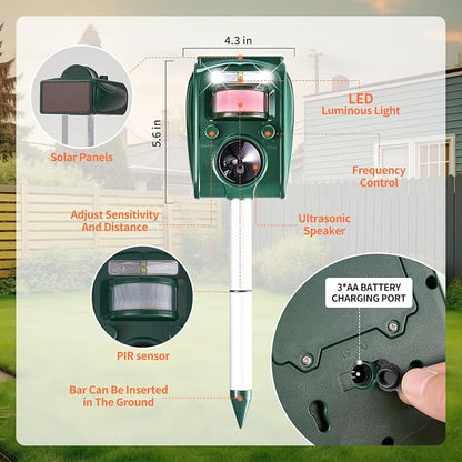 Adjustable-Mode Solar Ultrasonic Animal Repellent, Squirrel Deer Cat Raccoon Repellent Device, Outdoor Waterproof Motion Detection Animal Deterrent, Rabbit Dog Deterrent for Yard, 2P Dark Green