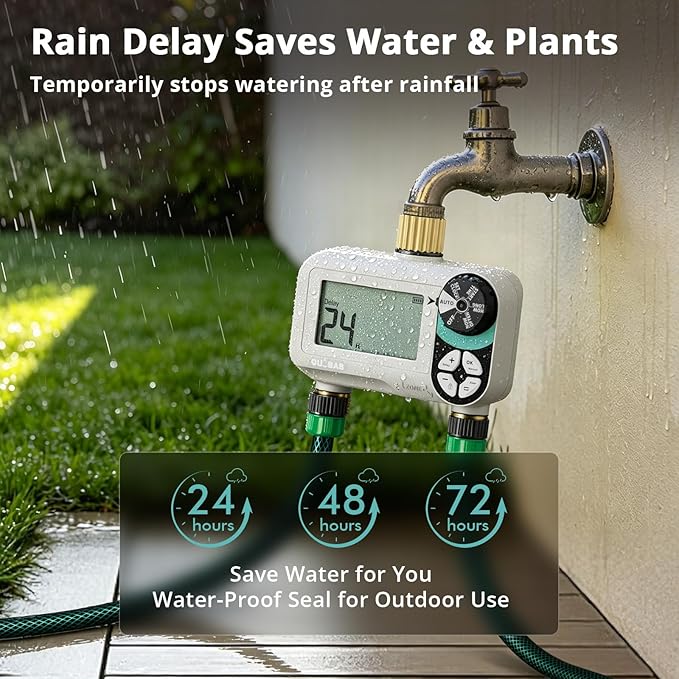 QUOBAS Zero Pressure Sprinkler Timer with Child Lock, Programmable Water Timer for Garden Hose Faucet with Brass Ports, Rain Delay/Manual/Auto Irrigation System, 2 Zone Watering for Rain Barrel