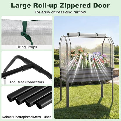 Giantex Raised Garden Bed with Legs & Greenhouse Cover, 44x22x60 Elevated Metal Planter Box with Roll-up Door, Outdoor Mini Greenhouse for Vegetable Flower Herb Patio Balcony (Gray,2)