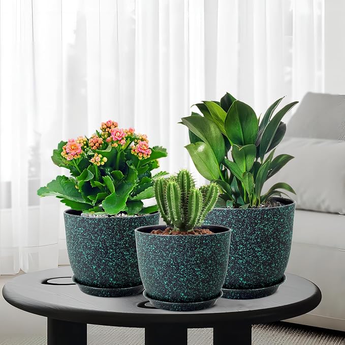 WSMKSZ Large Flower Pots 12/10/9 inch, Set of 3 Decorative Plastic Planters with Drainage Holes and Saucers for Garden House Plants, Plant Pots for Indoor Outdoor Plants, Black with Green Speckles