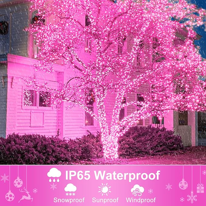 100FT 300 LED Christmas Lights Outdoor, Plug in Christmas Tree Lights Waterproof, 8 Modes Connectable Green Wire String Lights for Outside Indoor Patio Garden Holiday Party Decorations, Pink