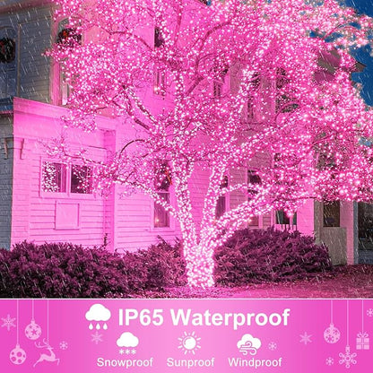 Pink Christmas Lights Outdoor, 66FT 200 LED Plug in Christmas Tree Lights Waterproof, 8 Modes Connectable String Lights for Outside Bedroom Home Patio Yard Holiday Decorations