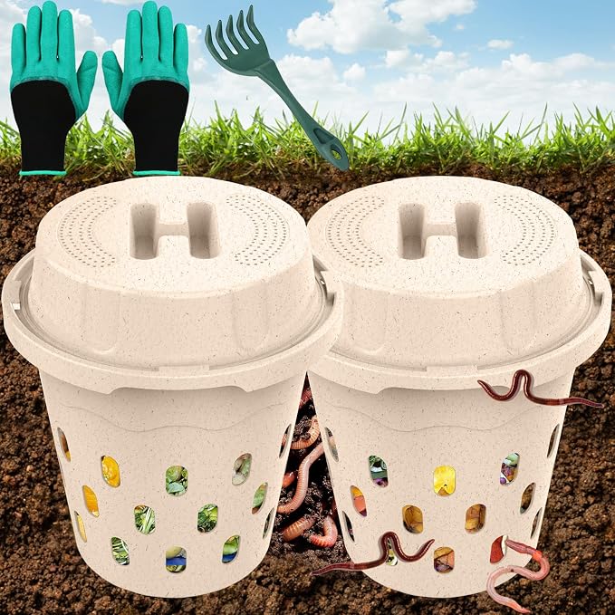 Warm Farm, 2-Pack 8L (2.11Gal) Inground Worm Composter, Outdoor Worm Compost Bin for Garden Beds & Home Use, Vermicomposting Bin for Beginners (9.5x9.5x10.8Inch), Wheat Straw Plastic