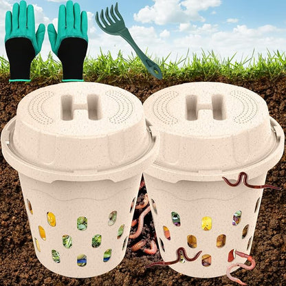 Warm Farm, 2-Pack 8L (2.11Gal) Inground Worm Composter, Outdoor Worm Compost Bin for Garden Beds & Home Use, Vermicomposting Bin for Beginners (9.5x9.5x10.8Inch), Wheat Straw Plastic