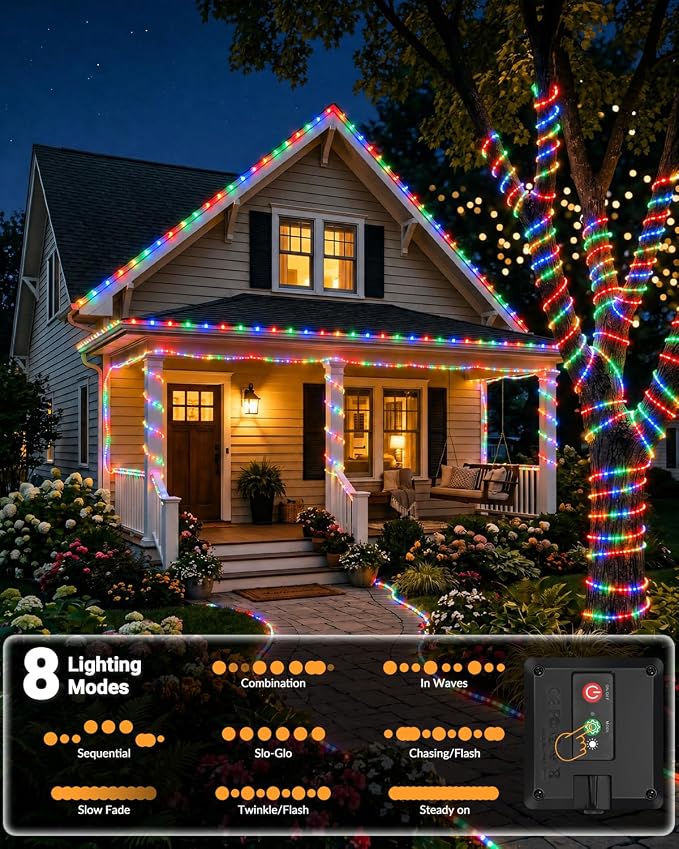 btfarm 2 Pack Solar Rope Lights Outdoor, 120LED 46FTSolar Trampoline String Lights Outdoor Waterproof, 8 Lighting Modes Tree Light Solar Powered for Garden Christmas Yard Party Decoration, Multicolor
