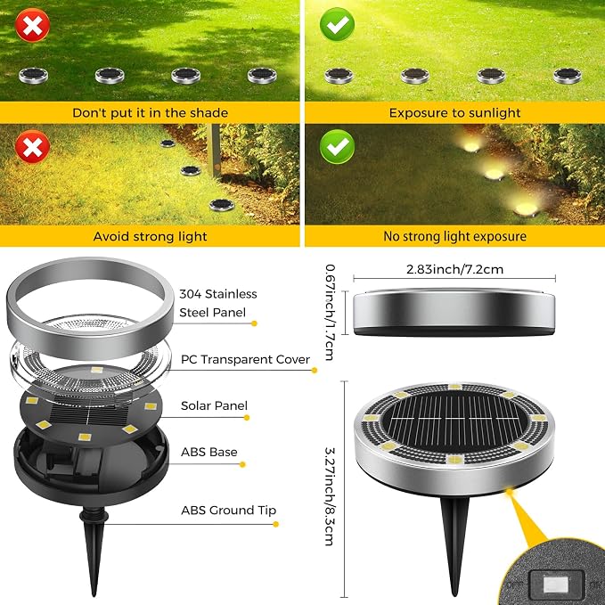 6 Pack Solar Ground Lights Outdoor, 8 LED Mini Flat Solar Disc Lights, IP65 Waterproof Pathway Lights Solar Powered, Landscape Lighting for Garden Walkway Driveway Yard Lawn,Warm White