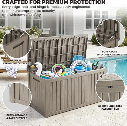 Outdoor Storage Box, 200 Gallon Waterproof Deck Box [Upgraded 3.1], Large Resin Storage with Hydraulic Lifts for King Cushions, Heavy Duty Lockable Bench Seat, Pool Deck, Grey