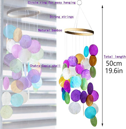 YU FENG 19.6 Inch Capiz Seashell Wind Chimes, Coastal Garden Decor | Hand Painted Metal Mobile, Rainbow Shell Design, Outdoor Hanging Ornament, Patio Yard Home Window Decoration