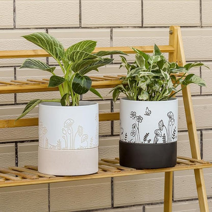 Nihow Self Watering Pots for Indoor Plants,6 Inch,White & Nature | Hand Painting,Ceramic Planter, Drainage Hole & Water Storage Plus, Cylinder Round Flower Pot, For Succulent/Herbs/Violets
