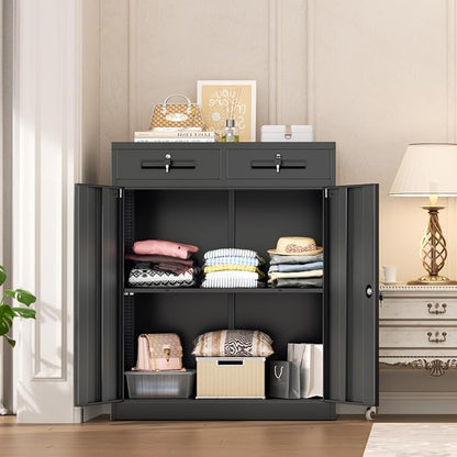 INTERGREAT Metal Garage Storage Cabinets with Lock,Steel Storage Cabinet with Drawer and 2 Adjustable Shelves, Small Lockable Office Steel Cabinet for Home, Warehouse, School, Black