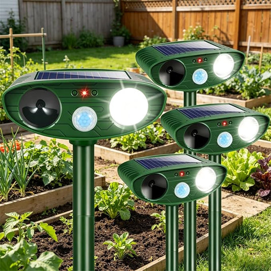4 Pack Upgraded Sonic Fortress Pro Deer Repellent Devices Waterpfoof Ultrasonic Cat Squirrel Rabbit Racoon Deterrent Outdoor with Motion Sensor & Strobe Light-Solar Animal Repellent for Garden Yard