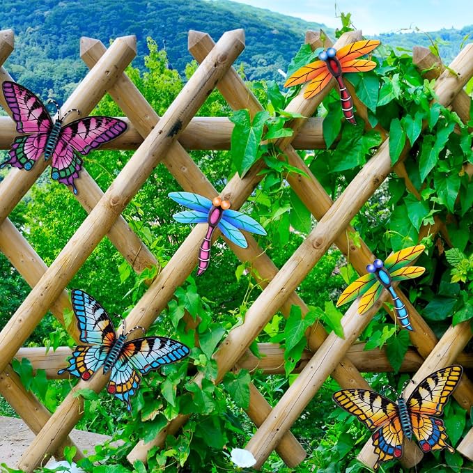 DEWEL 8 Pcs Metal Butterfly Dragonfly Wall Decor, Garden Decor for Outside Wall Art, Colorful Hanging Decorations Outdoor Wall Decor for Garden Fence Patio Yard, Great Gift Choice