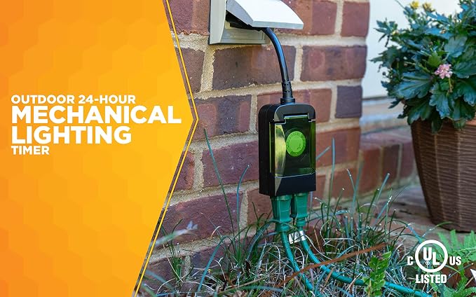 Woods 50011 Outdoor 24-Hour Plug-in Mechanical Timer with 2 Grounded Outlets; Energy Saving; Quick Tool Free; Weatherproof Housing; Programmable Settings; 6-Inch Cord; Black | (Pack of 6)