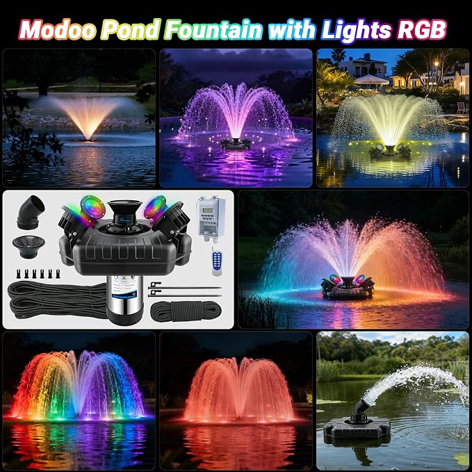 Pond Fountain Aerator with Lights, Large Fountain for Pond Lake Fish Farm | 750W 15000GPH 1HP 110V Fountain, Dynamic 4 RGB Lights, 10 Light Modes, Fully Automatic Stainless Steel Fountain, 100Ft Cord