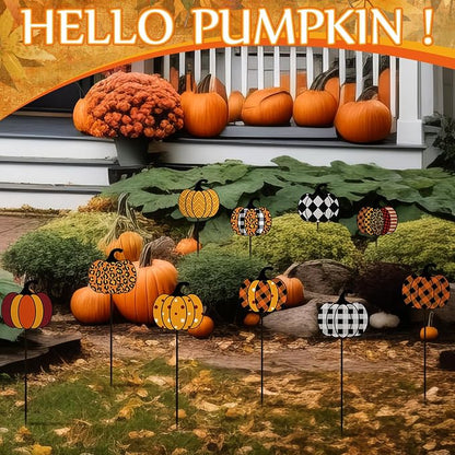10 Pcs Fall Pumpkin Metal Garden Stakes Autumn Colorful Pumpkin Yard Signs Thanksgiving Decorative Garden Stakes Harvest Metal Yard Signs for Indoor Outside Porch Lawn Decor