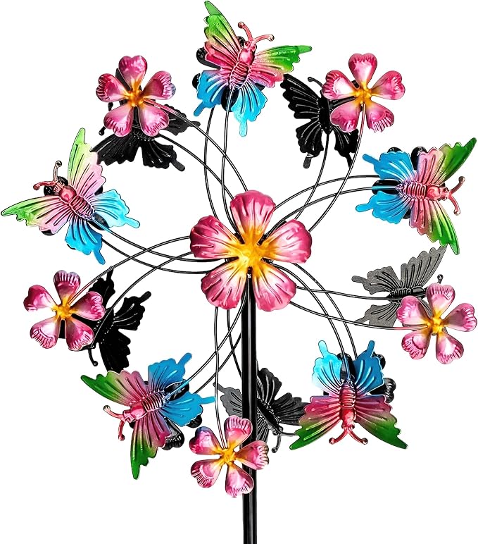 38" Double Blade Butterfly Wind Spinners Outdoor, Colorful Butterflies Kinetic Outdoor Decor for Patio, Lawn & Garden Decor