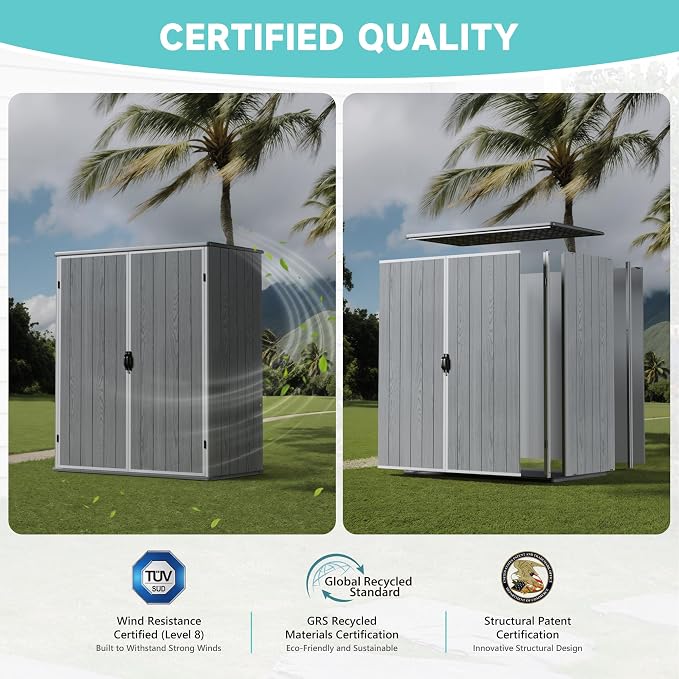 Greesum 5X3FT Plastic Storage Shed with Floor, Resin Outdoor Storaged Shed with Lockable Door, Easy Assembly All-Weather Tool Sheds for Yard, Patio, Garden, Light Gray (4.7×2.5FT)