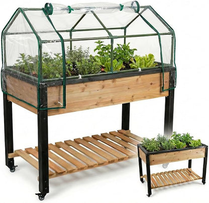 GOJ Raised Garden Bed Wood 48x24x32 inch with Greenhouse & Lockable Wheels - Elevated Wood Planter Box for Outdoors Vegetable Flower Bed Herb Planter - 400 lbs Capacity