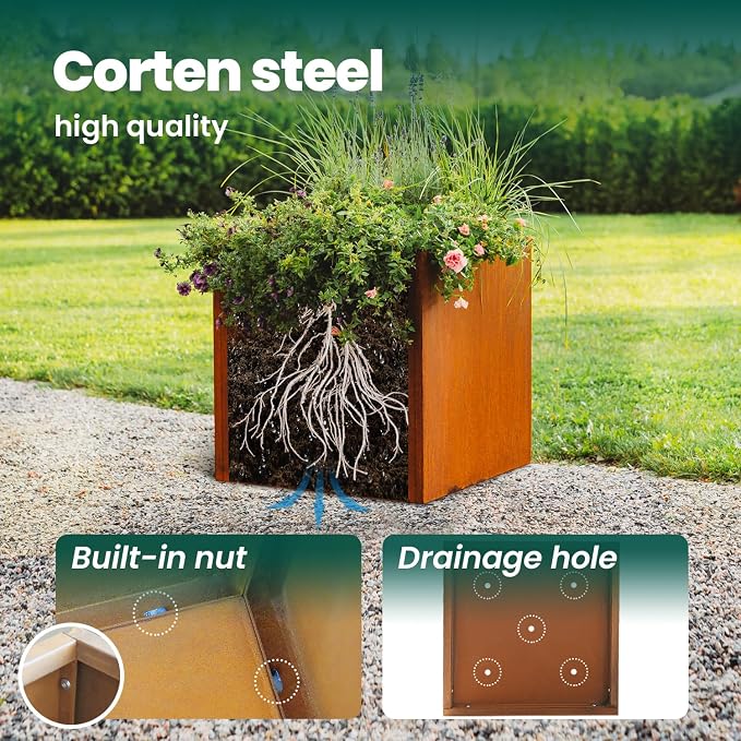 Corten Steel Planter Box Outdoor Planter Metal Square 20 Inch Large Steel Planter Box Rustic Cube Patina Tall Plant for Commercial Residential Plants Patio Yard Garden