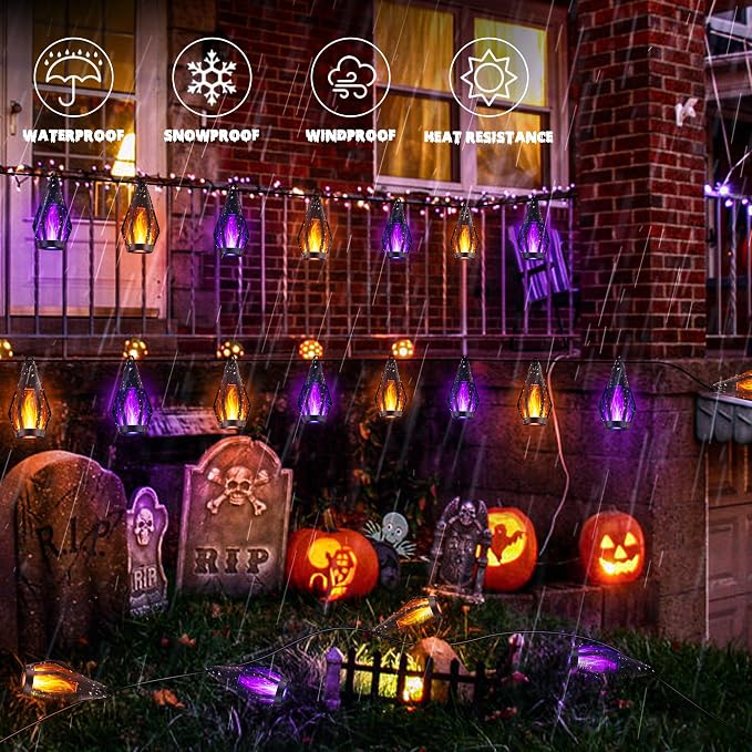 iBaycon 42Ft 15 LED Solar Flame Halloween String Lights, Warm White+Purple | Ultra-Real Flickering Flame Lamp Outdoor Waterproof, Solar Patio String Lights for Garden Yard Lawn Halloween Decorations