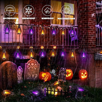 iBaycon 42Ft 15 LED Solar Flame Halloween String Lights, Warm White+Purple | Ultra-Real Flickering Flame Lamp Outdoor Waterproof, Solar Patio String Lights for Garden Yard Lawn Halloween Decorations