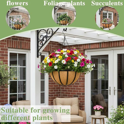 Black Flat Iron Metal Hanging Planter Basket with Coco Coir Liner(4 Pack, 12 Inch) Hanging Planters for Outdoor Plants Round Plant Flower Pots Hanging Flower Basket for Outdoor Patio Garden Decoration