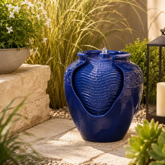 Teamson Home 16.96 in. Outdoor Glazed Pot Water Fountain with LED Lights, Built-in Pump to Create a Calming Oasis in Gardens, Landscaping, Patios, Balconies, Lawns, Royal Blue | Glazed Pot Ceramic Look, LED Lights & Pump, Cascading Zen Fountain, For Ba...