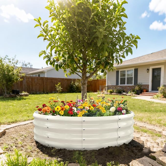 12 Inch Tall 48 Inch Diameter Round White Raised Garden Bed Kits Outdoor | 1 FT Tall,4 FT Planter Bed for Flowers,Herbs,Vegetables,Trees,0.8MM Thick Galvanized Metal Painted,with Gloves,Tool free