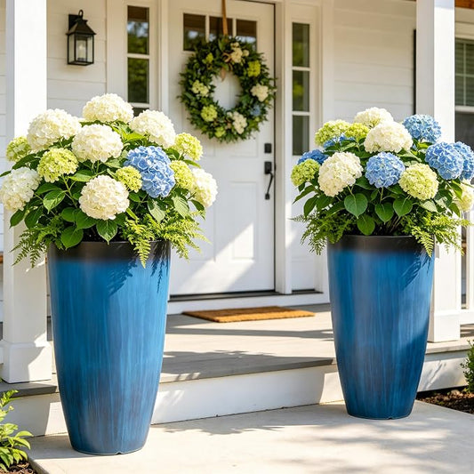 Autodaya 23.8" Tall Planters Set of 2, Large Plastic Plant Pots with Artistic Floating Cobalt Blue Glaze, UV-Resistant Lightweight PP Flower Pots for Outdoor Indoor Plants, Garden, Patio, Deck, Porch | Artistic Floating Cobalt Blue Glaze, Lightweight U...