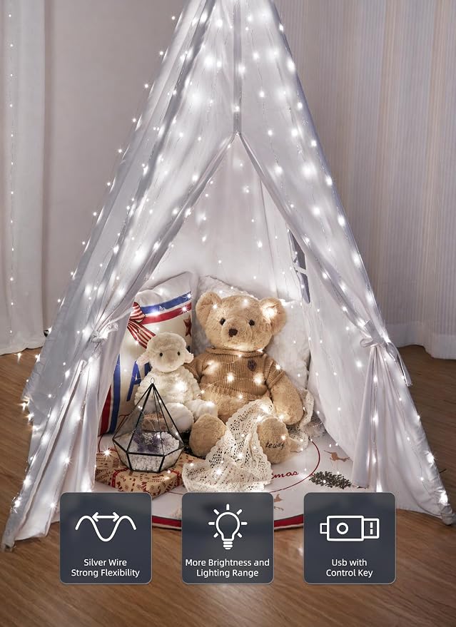Brightown 300 LED White Fairy Curtain Lights, 9.8ft x 9.8ft String Lights | Winter Wonderland Decorations USB Plug in 8 Lighting Modes Christmas Hanging Lights with Remote for Bedroom Indoor Outdoor