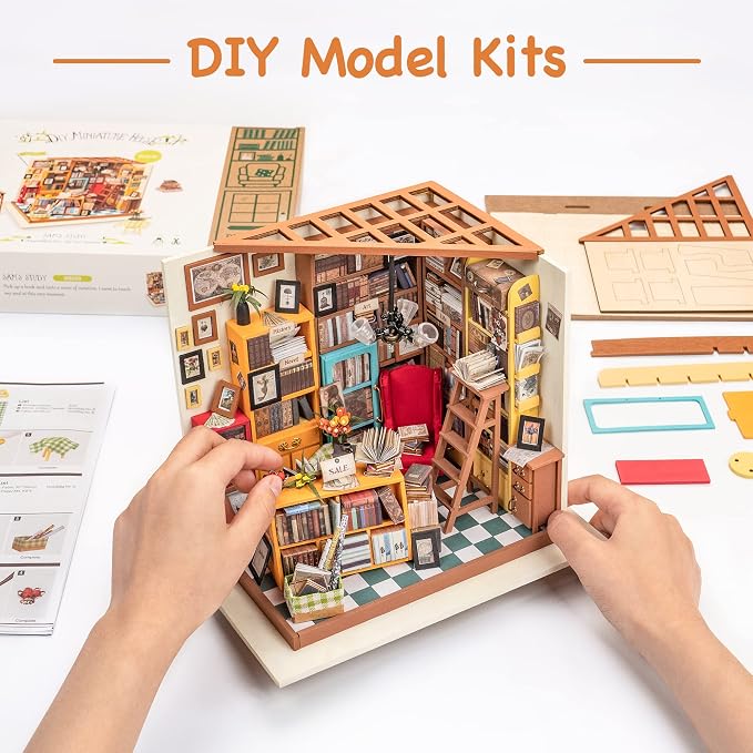 ROBOTIME DIY Miniature House Kit Miniature Dollhouse Kit Tiny House Kit for Adults Library House Kits Best Birthday Gifts for Teens(Sam's Study)