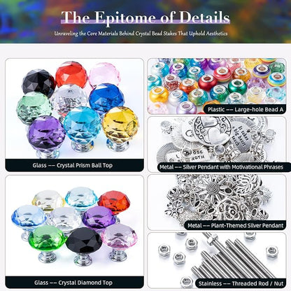 513Pcs DIY Beaded Garden Stakes, Fairy Wand Kit Garden Stakes Decorative with 18 Threaded Rod, Crystal Top, Large Holes Bead for Christmas Plants Garden Outdoor&Indoor Decorative（12IN）