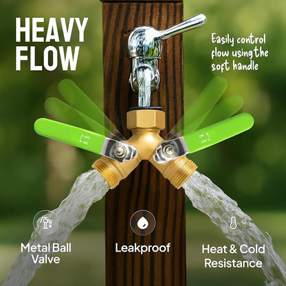 2-Way Hose Splitter – Heavy Duty Brass Y Connector with Stainless Steel Rubbered Handle, 3/4” GHT Thread – Full Flow Garden Hose Splitter for Outdoor Faucets