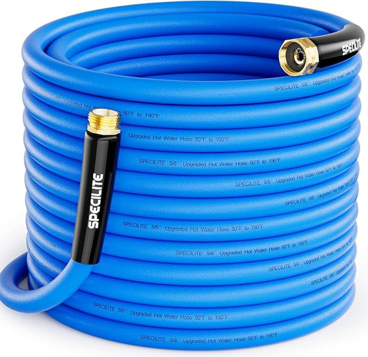 SPECILITE Hot/Cold Garden Water Hose 100 ftx 5/8 in, -50℉ To 190℉, Heavy Duty, Flexible, Burst 605 Psi, Lightweigh, Upgraded Rubber Pipe with 3/4" Brass Fittings For Backyard, Outdoor, Farm, Blue
