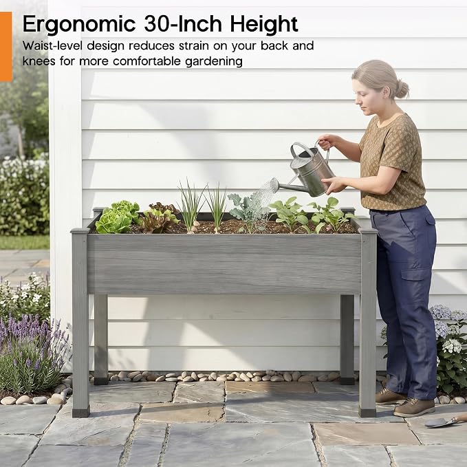 SPECRAFT 48 x 24 x 30 Inches Raised Garden Bed with Legs, 5 Cu Ft Wooden Planter Box with Drainage Holes & Liner, Outdoor Raised Garden Beds for Patio Backyard Gardening, Gray